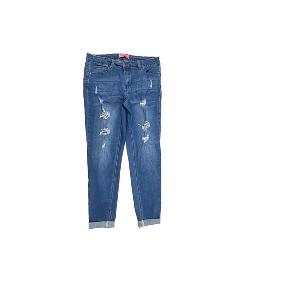 Wax Jeans Skinny Cuffed Distressed Women's size 14 Medium Wash Blue Denim Jeans - Picture 1 of 4
